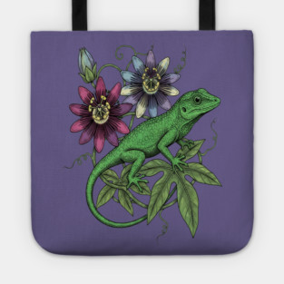 Anole Lizard and Passionflower Tote