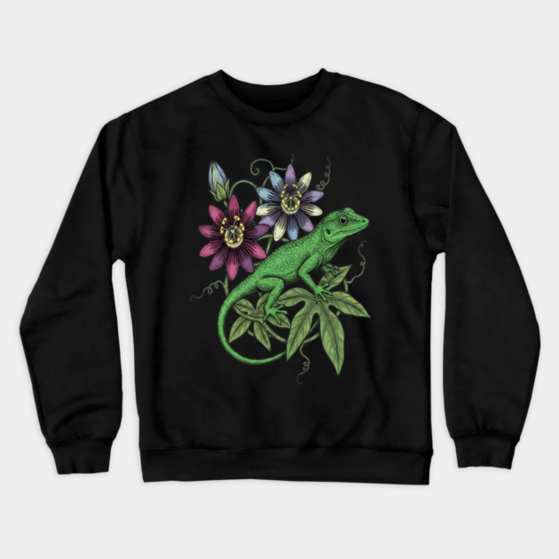 Anole Lizard and Passionflower Crewneck Sweatshirt by BirdsnStuff