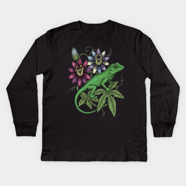Anole Lizard and Passionflower Kids Long Sleeve T-Shirt by BirdsnStuff