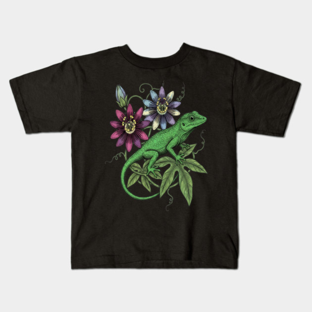 Anole Lizard and Passionflower Kids T-Shirt by BirdsnStuff