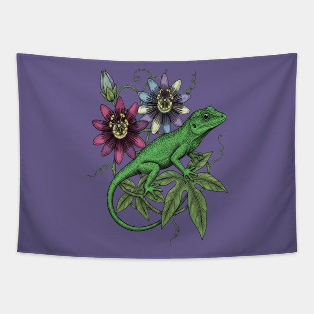 Anole Lizard and Passionflower Tapestry by BirdsnStuff