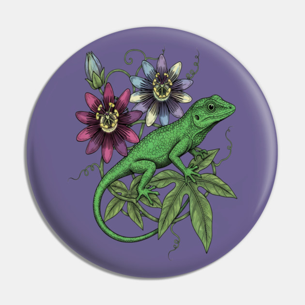 Anole Lizard and Passionflower Pin by BirdsnStuff
