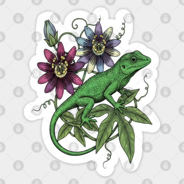 Anole Lizard and Passionflower Sticker by BirdsnStuff