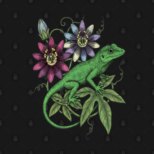 Anole Lizard and Passionflower by BirdsnStuff