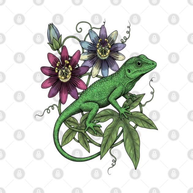 Anole Lizard and Passionflower by BirdsnStuff