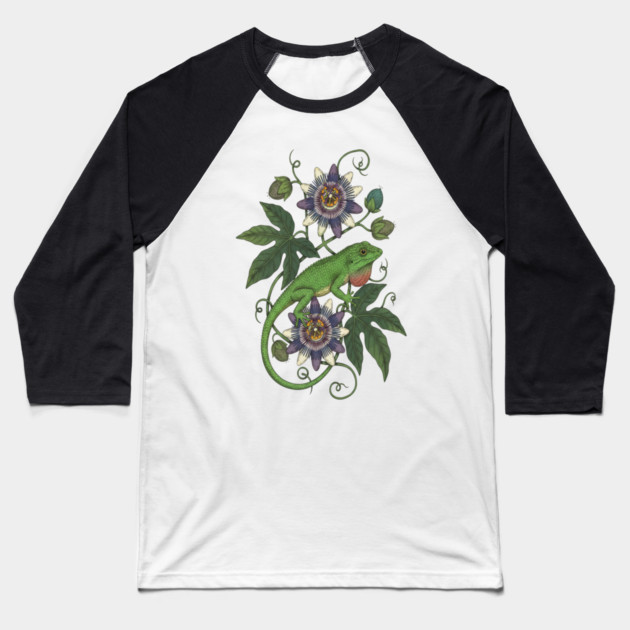 Anole Lizard with Passionflower Vines Baseball T-Shirt by BirdsnStuff