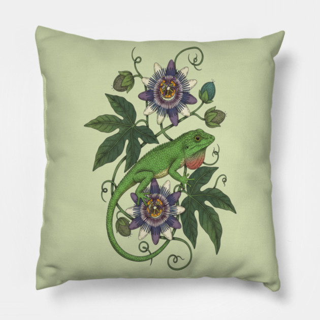Anole Lizard with Passionflower Vines Pillow by BirdsnStuff