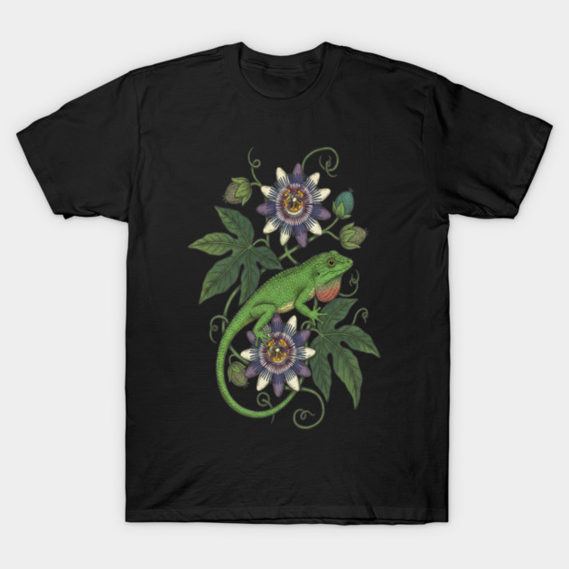 Anole Lizard with Passionflower Vines T-Shirt by BirdsnStuff