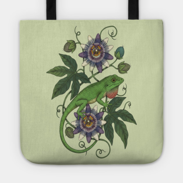 Anole Lizard with Passionflower Vines Tote by BirdsnStuff