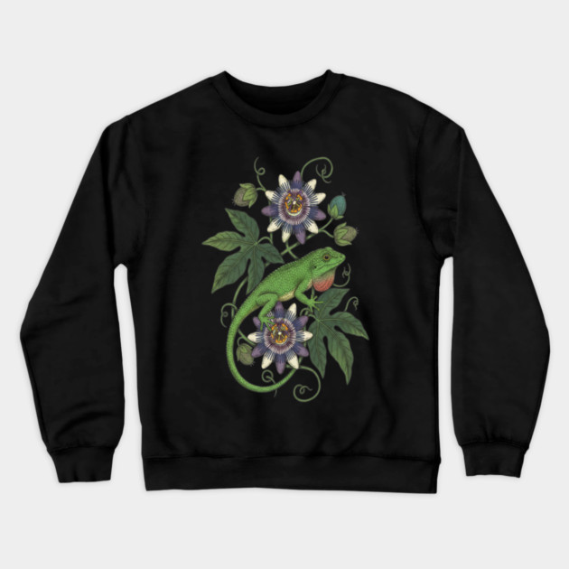 Anole Lizard with Passionflower Vines Crewneck Sweatshirt by BirdsnStuff