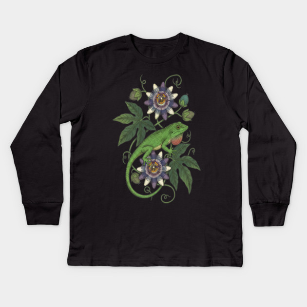 Anole Lizard with Passionflower Vines Kids Long Sleeve T-Shirt by BirdsnStuff