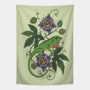 Anole Lizard with Passionflower Vines Tapestry