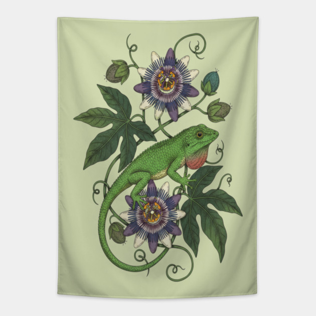 Anole Lizard with Passionflower Vines Tapestry by BirdsnStuff