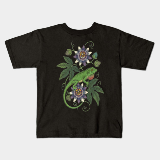 Anole Lizard with Passionflower Vines Kids T-Shirt by BirdsnStuff