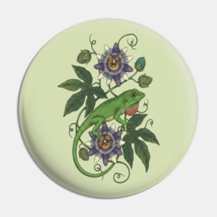 Anole Lizard with Passionflower Vines Pin