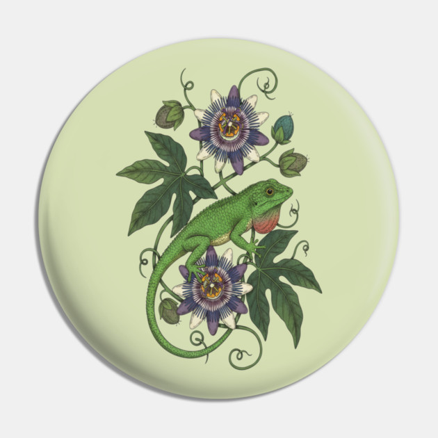 Anole Lizard with Passionflower Vines Pin by BirdsnStuff