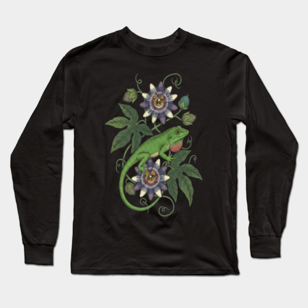Anole Lizard with Passionflower Vines Long Sleeve T-Shirt by BirdsnStuff