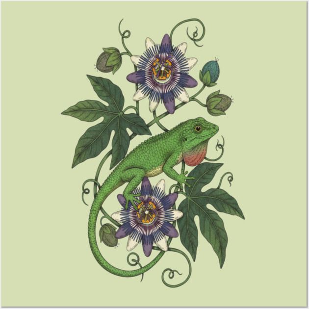 Anole Lizard with Passionflower Vines Wall Art by BirdsnStuff