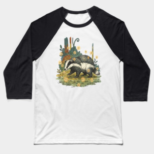 Badger and Fireflies Woodland Artwork Baseball T-Shirt