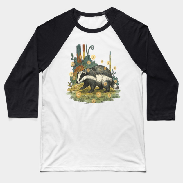 Badger and Fireflies Woodland Artwork Baseball T-Shirt by BirdsnStuff