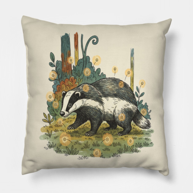 Badger and Fireflies Woodland Artwork Pillow by BirdsnStuff