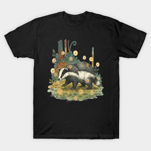 Badger and Fireflies Woodland Artwork T-Shirt by BirdsnStuff