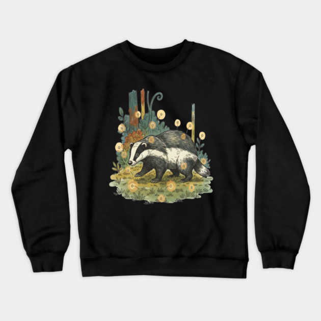 Badger and Fireflies Woodland Artwork Crewneck Sweatshirt by BirdsnStuff