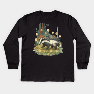 Badger and Fireflies Woodland Artwork Kids Long Sleeve T-Shirt