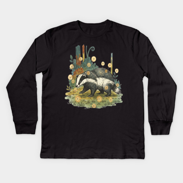 Badger and Fireflies Woodland Artwork Kids Long Sleeve T-Shirt by BirdsnStuff