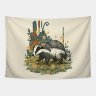 Badger and Fireflies Woodland Artwork Tapestry