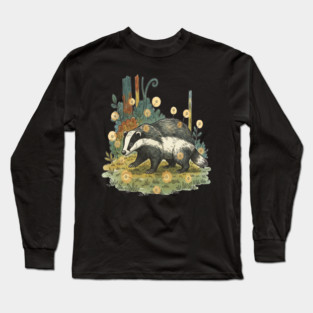Badger and Fireflies Woodland Artwork Long Sleeve T-Shirt
