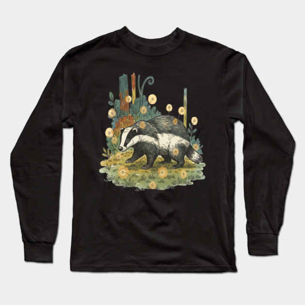 Badger and Fireflies Woodland Artwork Long Sleeve T-Shirt by BirdsnStuff