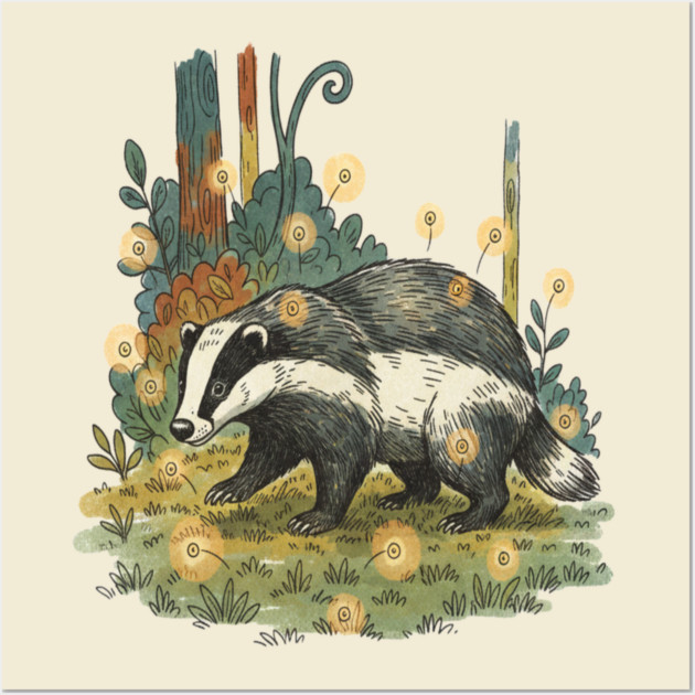 Badger and Fireflies Woodland Artwork Wall Art by BirdsnStuff