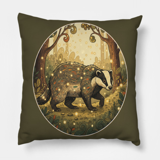 Badger in Firefly Forest Pillow by BirdsnStuff