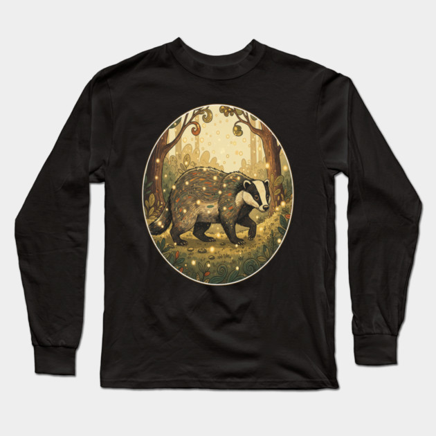 Badger in Firefly Forest Long Sleeve T-Shirt by BirdsnStuff