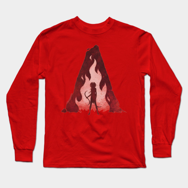woman with hair flowing like flames Long Sleeve T-Shirt by DesignAura