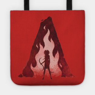 woman with hair flowing like flames Tote