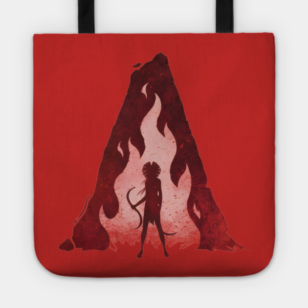 woman with hair flowing like flames Tote by DesignAura