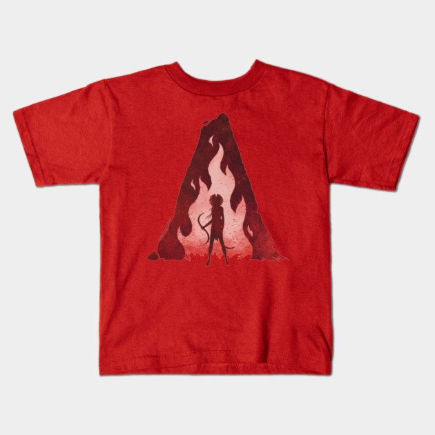 woman with hair flowing like flames Kids T-Shirt by DesignAura