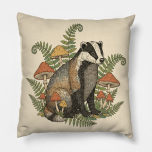Badger with Woodland Mushrooms Pillow