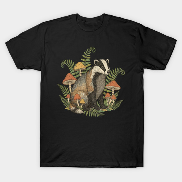 Badger with Woodland Mushrooms T-Shirt by BirdsnStuff
