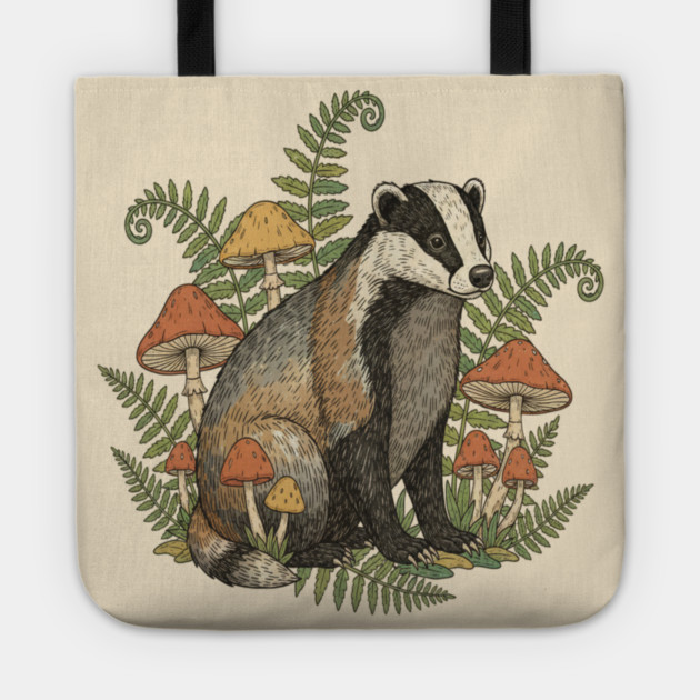 Badger with Woodland Mushrooms Tote by BirdsnStuff