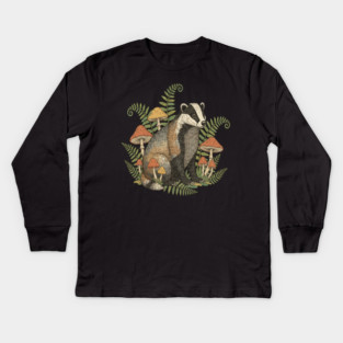 Badger with Woodland Mushrooms Kids Long Sleeve T-Shirt