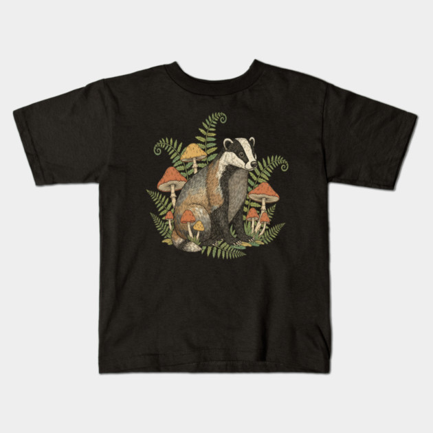Badger with Woodland Mushrooms Kids T-Shirt by BirdsnStuff