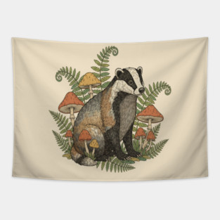 Badger with Woodland Mushrooms Tapestry