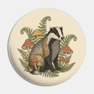 Badger with Woodland Mushrooms Pin