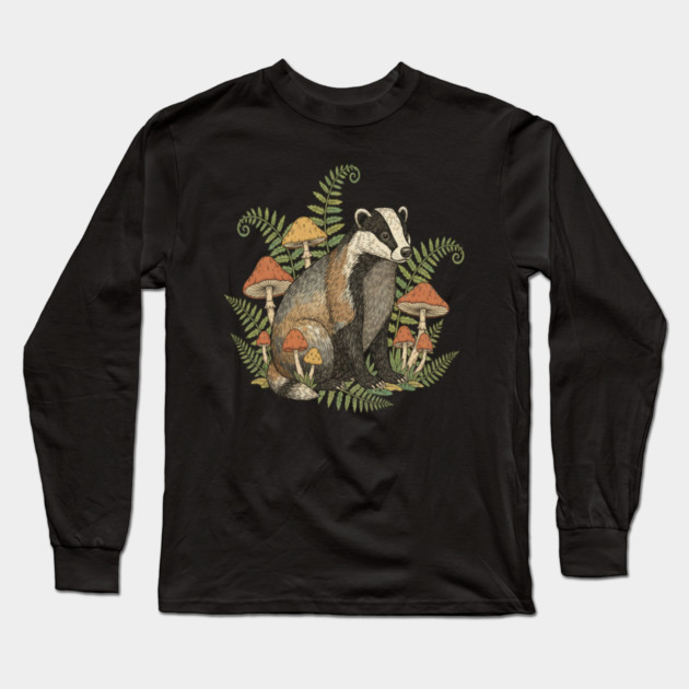 Badger with Woodland Mushrooms Long Sleeve T-Shirt by BirdsnStuff