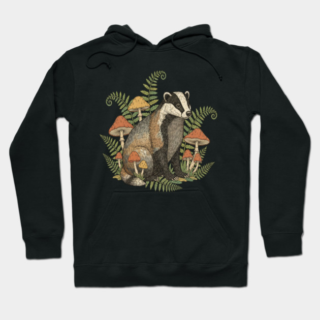 Badger with Woodland Mushrooms Hoodie by BirdsnStuff