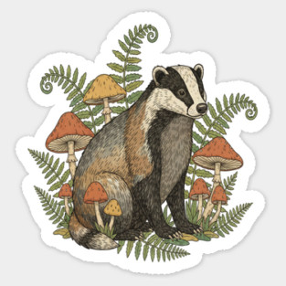 Badger with Woodland Mushrooms Sticker