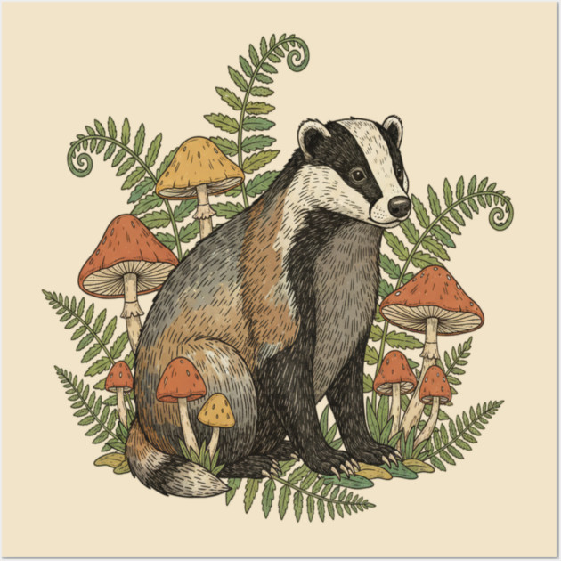 Badger with Woodland Mushrooms Wall Art by BirdsnStuff